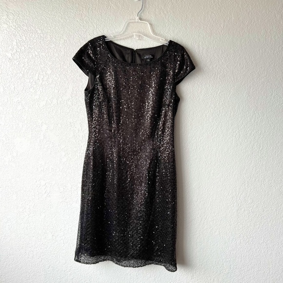 Tahari size 8 cap sleeve sequined black dress - Picture 1 of 8